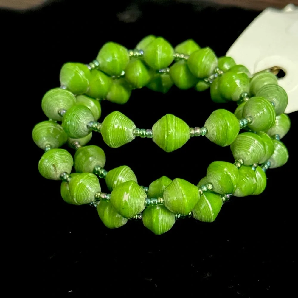 Green Paper Bead Wrap Bracelet Set Boho - Picture 2 of 4